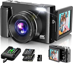 4K Digital Camera for Photography Autofocus, 2024 Latest 48MP Vlogging Camera for YouTube with SD Card, 2 Batteries, 3" 180°Flip Screen Compact Travel Camera for Teens with 16X Zoom, Anti-Shake,Black